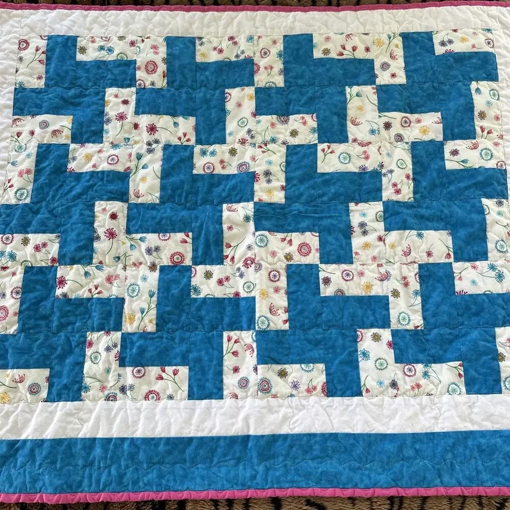 Handmade Lap Quilt 29x33 Beautiful Blue Pink Floral Kids, Baby, EUC Gift